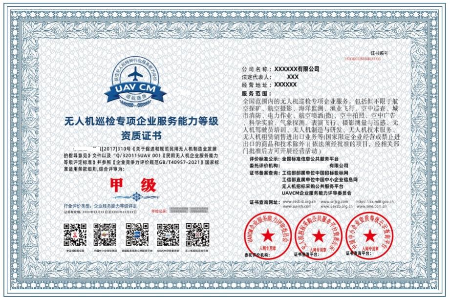 无人机巡检专项企业服务能力等级资质证书