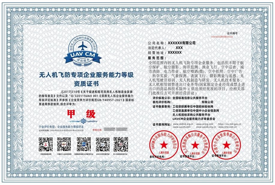 无人机飞防专项企业服务能力等级资质证书甲